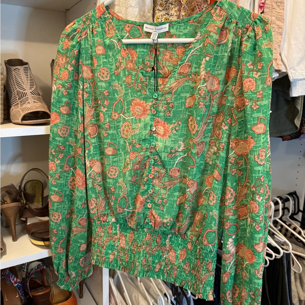 green long sleeve green pink floral blouse office date size med - Picture 4 of 11